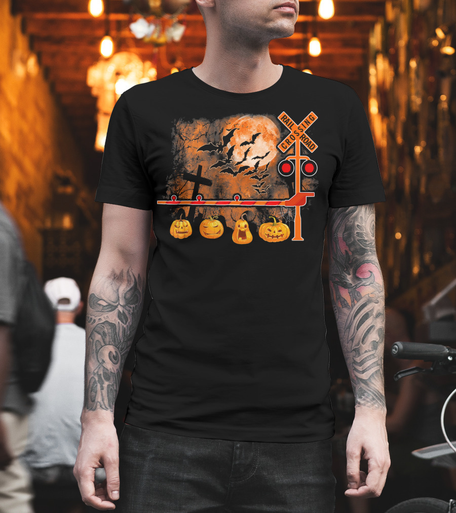 Halloween Railroad Crossing Sign With Pumpkins And Bats T-Shirt