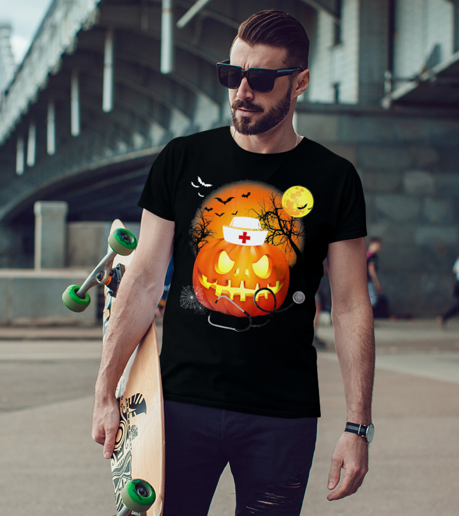 Nurse Halloween Pumpkin With Stethoscope And Bats T-Shirt