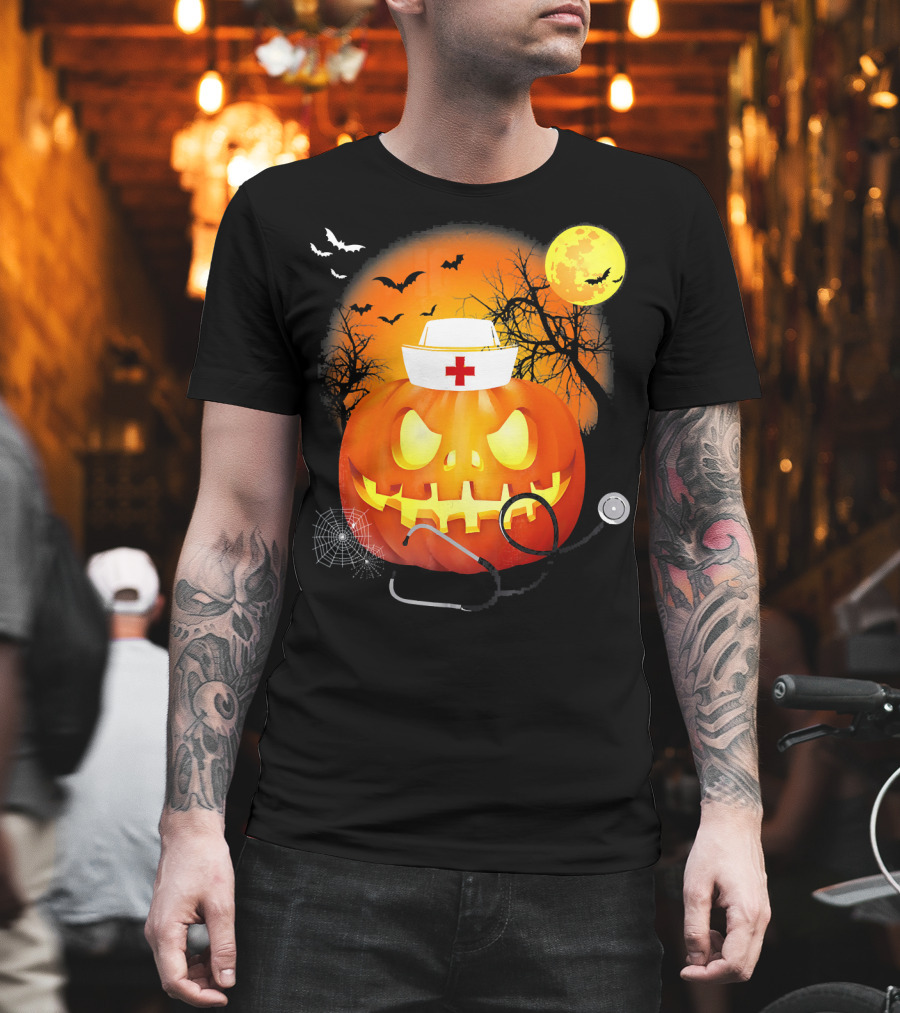 Nurse Halloween Pumpkin with Stethoscope and Bats T-Shirt