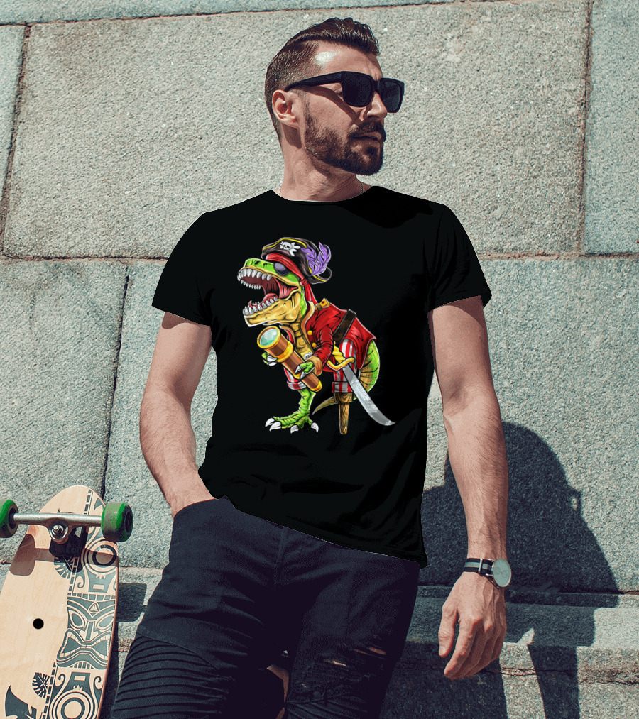Pirate Dinosaur With Telescope And Peg Leg In Halloween Costume T-Shirt