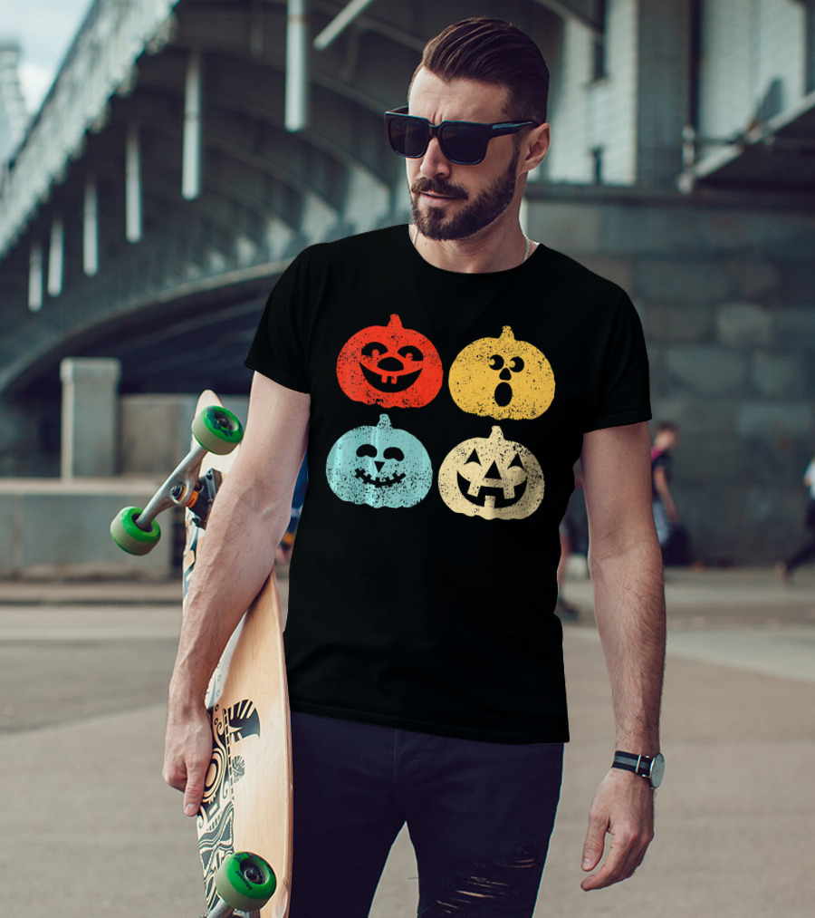 Vintage Halloween Pumpkin Women Retro Colorful Jack-O'-Lantern Faces T-Shirt