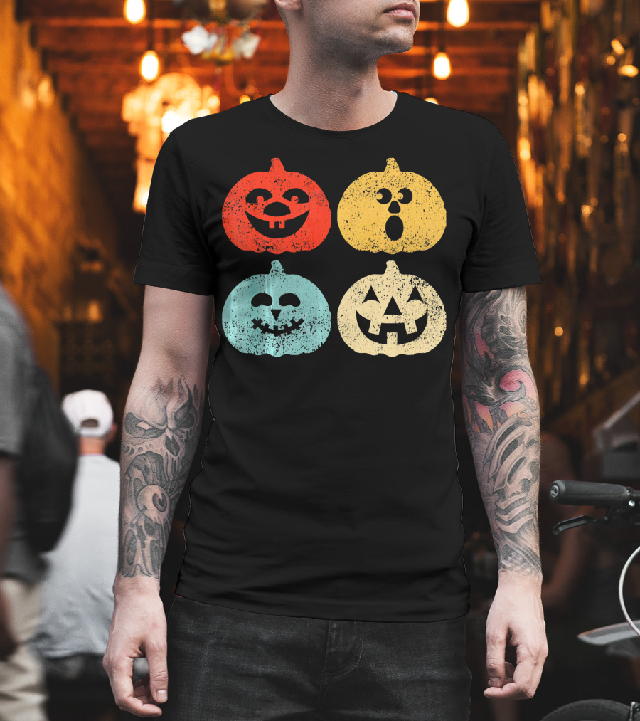 Vintage Halloween Pumpkin Women Retro Colorful Jack-O'-Lantern Faces T-Shirt