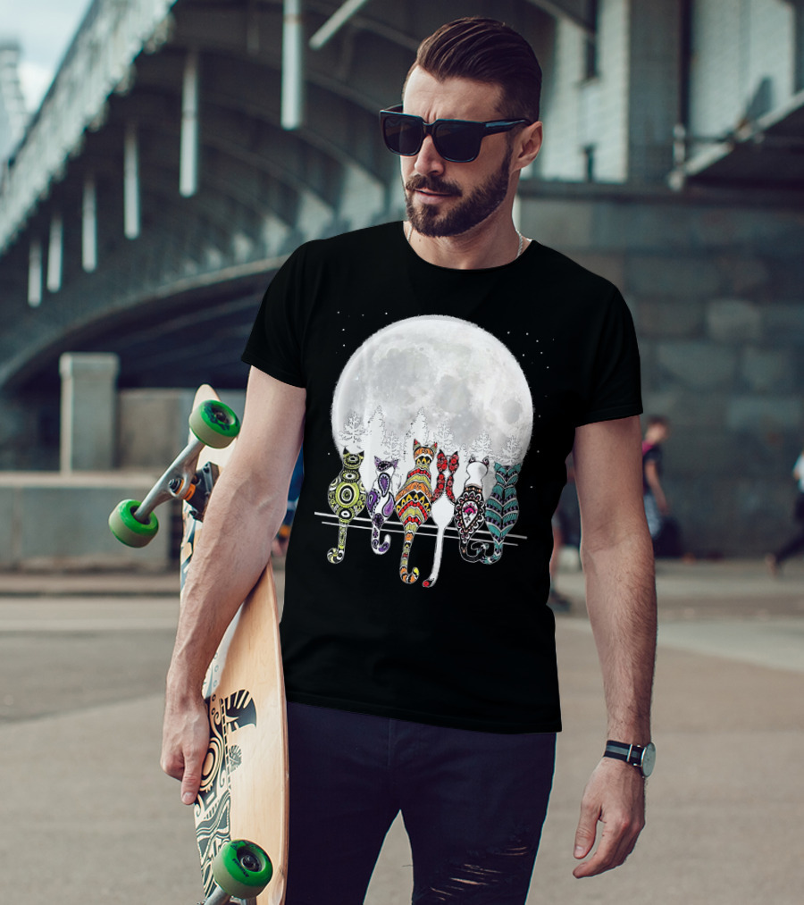 Day Of Dead Sugar Skull Cat Cats Skele Full Moon Forest T-Shirt