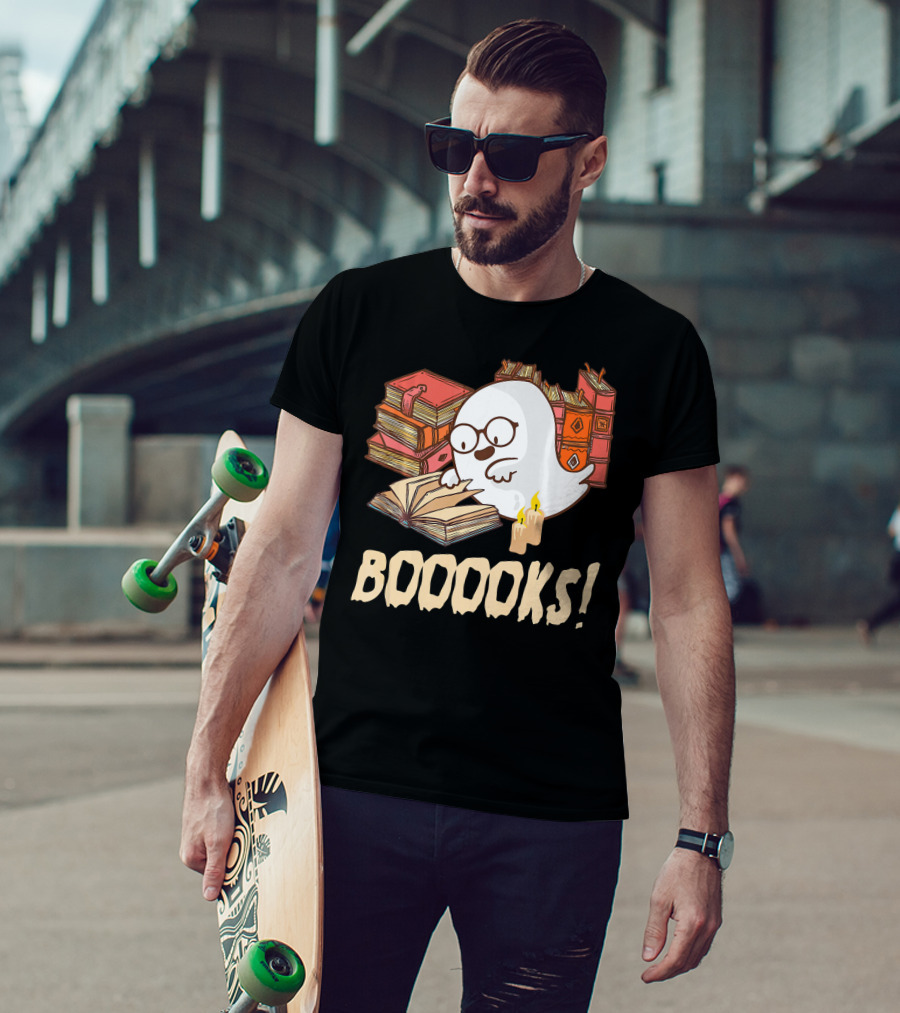 BOOOOKS Cute Reading Boo Ghost With Stacks Of Books And Candles T-Shirt