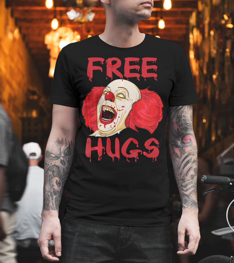 Free Hugs Evil Killer Scary Clown Costume Blood Red Horror T-Shirt