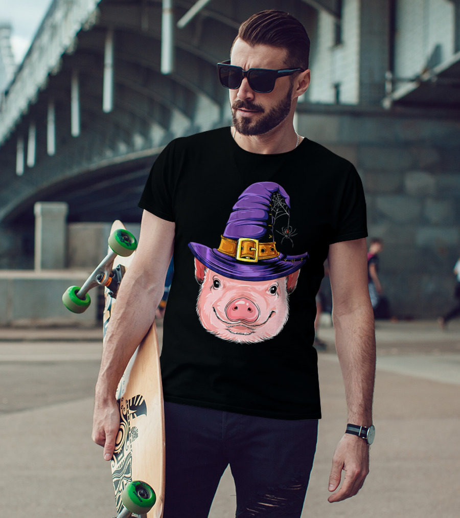 Pig In Witch Hat With Spider And Web Halloween T-Shirt