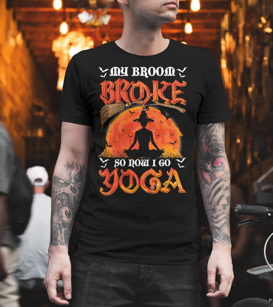 My Broom Broke So Now I Go Yoga Halloween Moon Meditation Bats T-Shirt