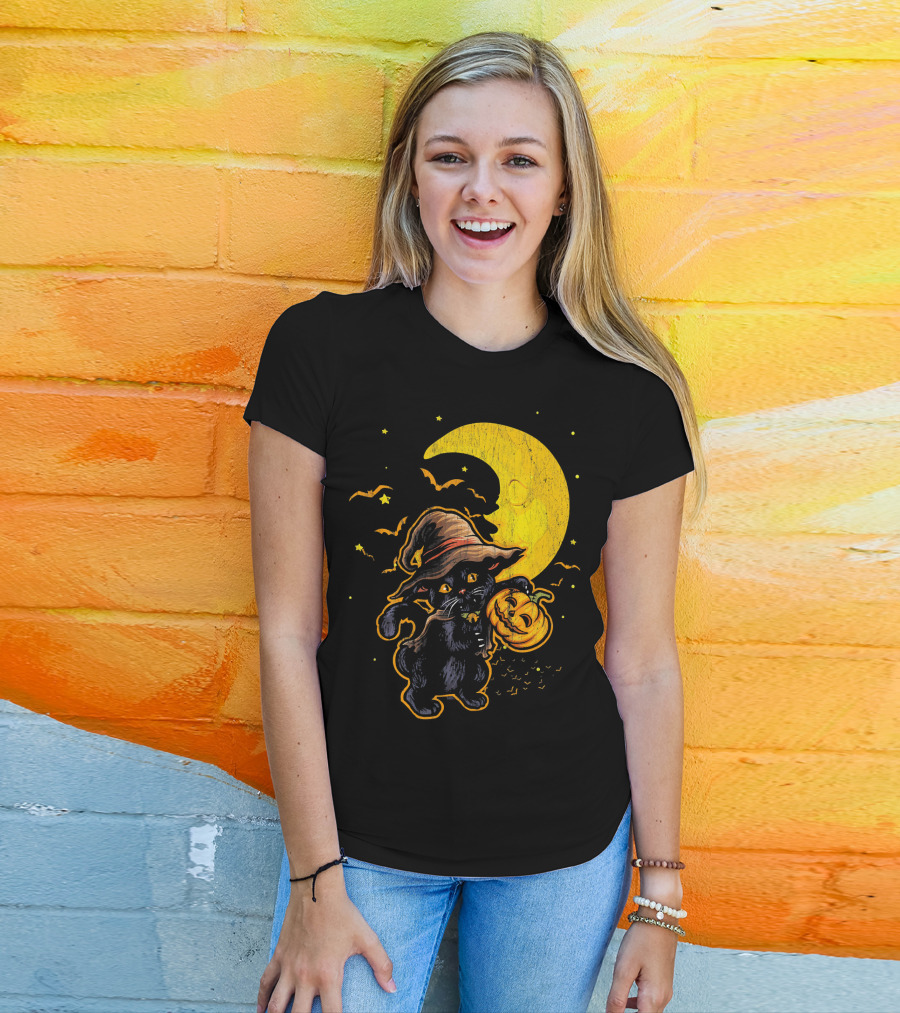 Halloween Black Cat Witch With Pumpkin Under Moon And Bats T-Shirt