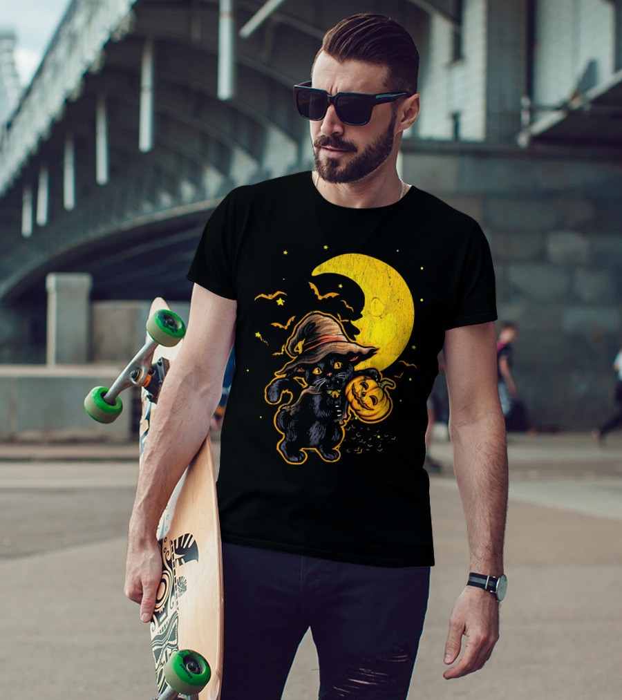 Halloween Black Cat Witch With Pumpkin Under Moon And Bats T-Shirt