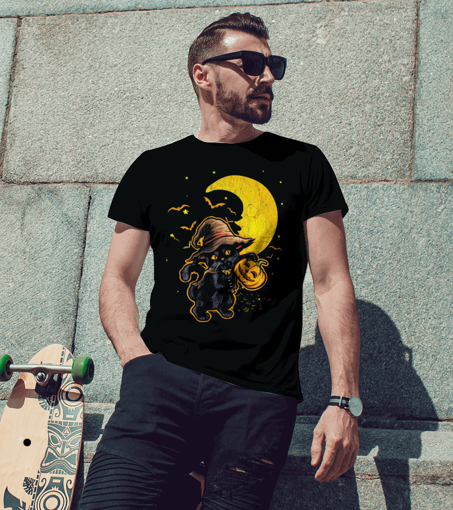 Halloween Black Cat Witch With Pumpkin Under Moon And Bats T-Shirt