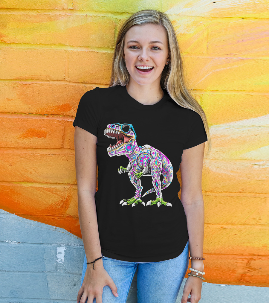 Day Of The Dead Dia De Los Muertos T-Rex Dinosaur With Sunglasses T-Shirt