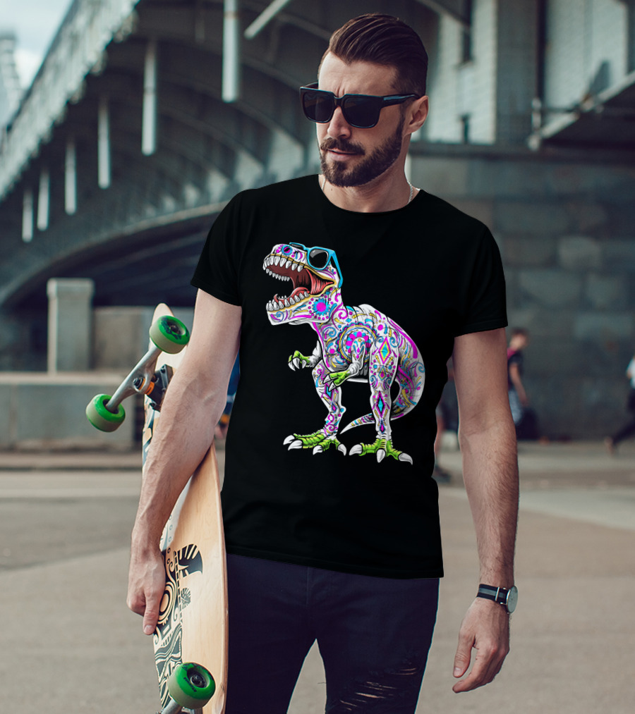 Day Of The Dead Dia De Los Muertos T-Rex Dinosaur With Sunglasses T-Shirt