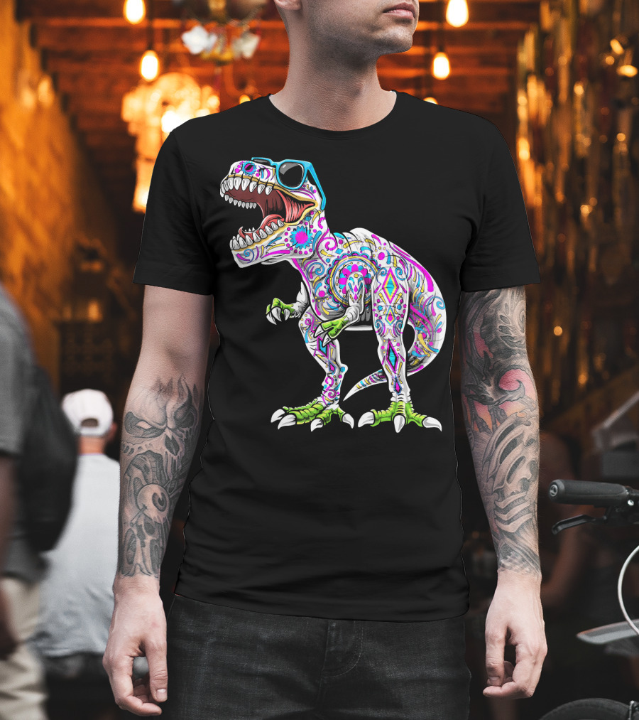 Day Of The Dead Dia De Los Muertos T-Rex Dinosaur With Sunglasses T-Shirt