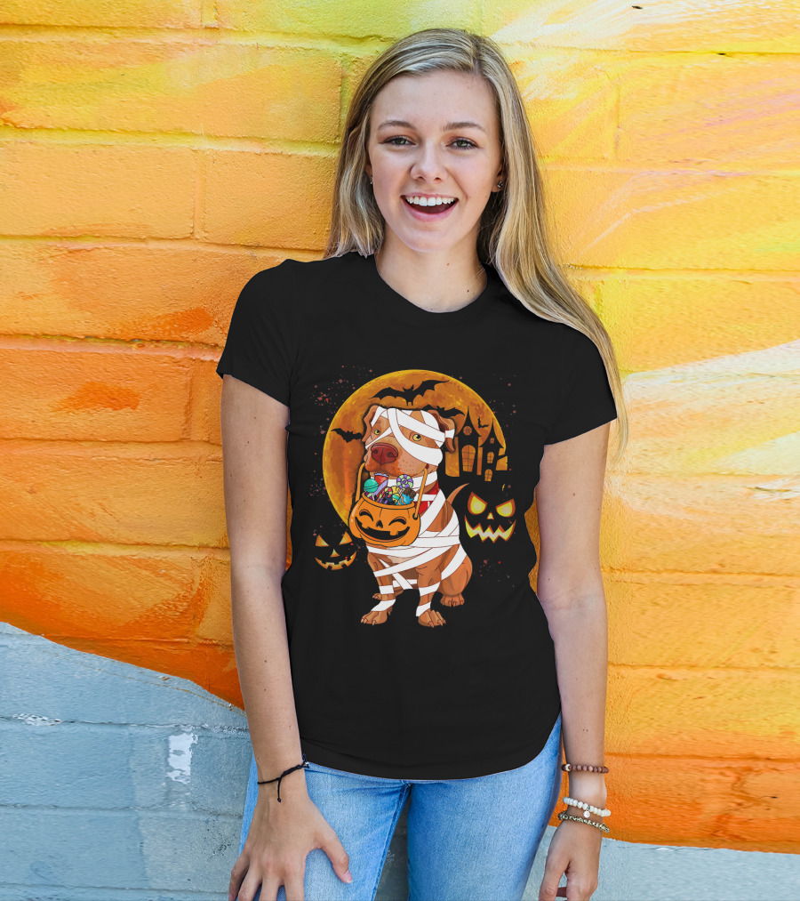 Funny Halloween Mummy Pitbull Boo Dog With Pumpkin Candy And Scary Moon T-Shirt