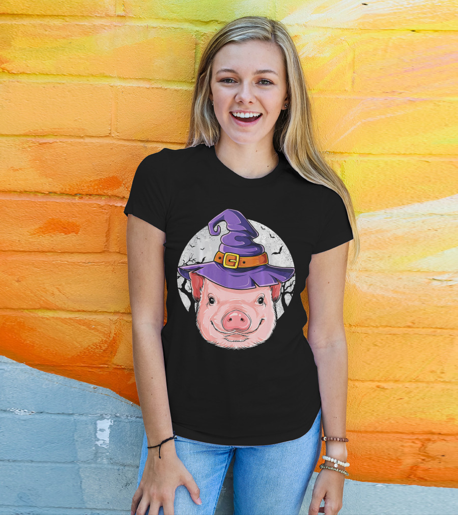Pig Wearing Purple Witch Hat With Spooky Full Moon And Bats T-Shirt