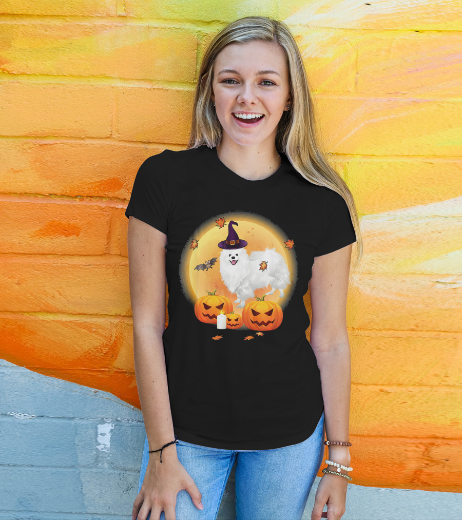 Halloween American Eskimo Dog With Pumpkins And Witch Hat T-Shirt