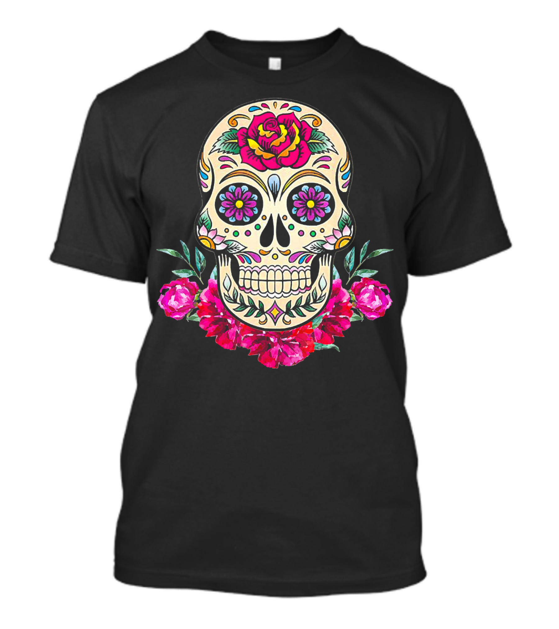 Day Of The Dead Sugar Skull With Vibrant Floral Accents T-Shirt