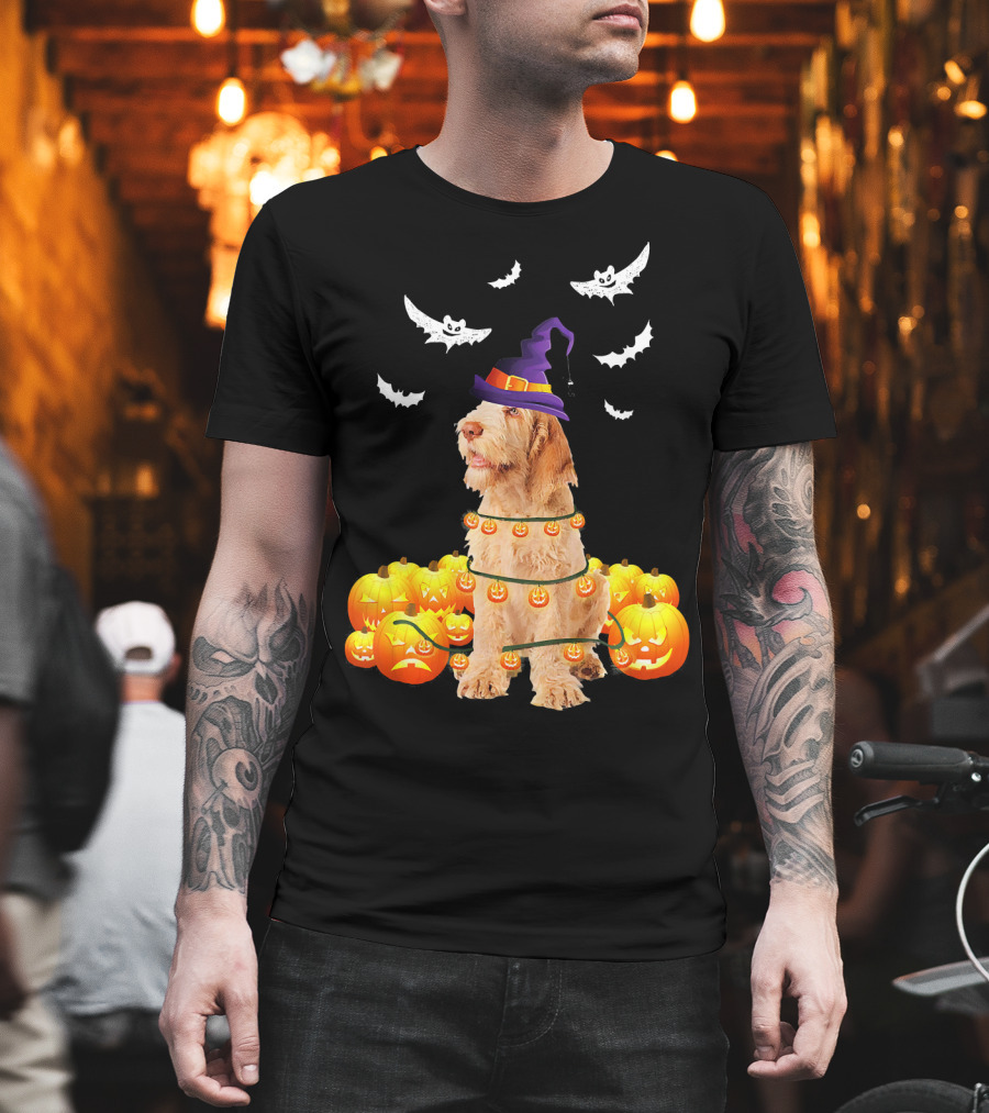 Spinone Italiano Dog Halloween Pumpkin Lights and Bats T-Shirt