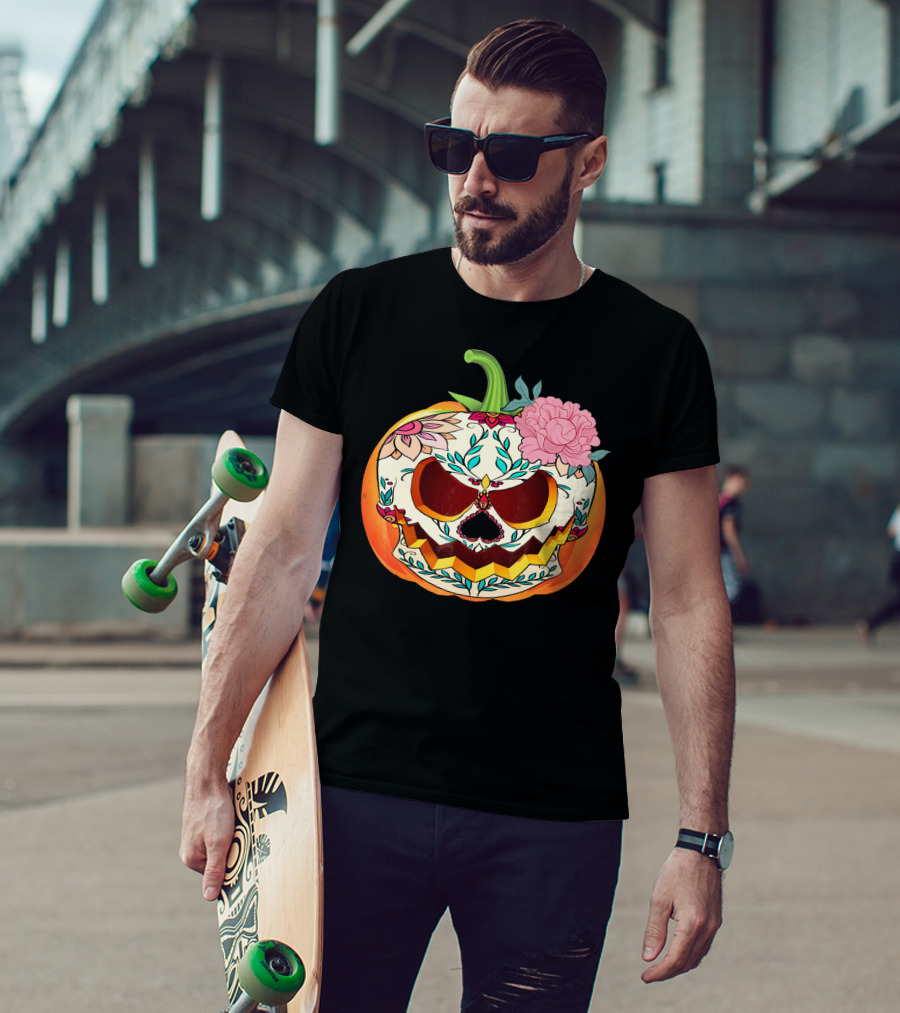 Day Of The Dead Pumpkin Sugar Skull With Floral T-Shirt