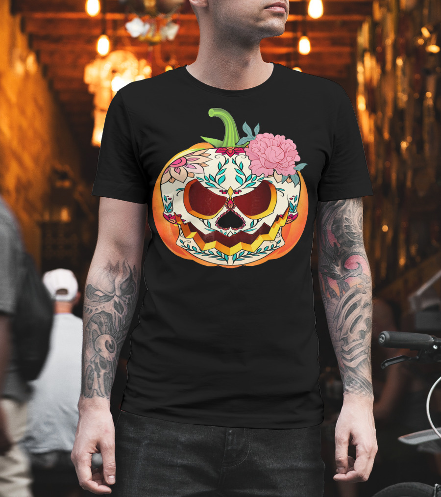 Day Of The Dead Pumpkin Sugar Skull With Floral T-Shirt
