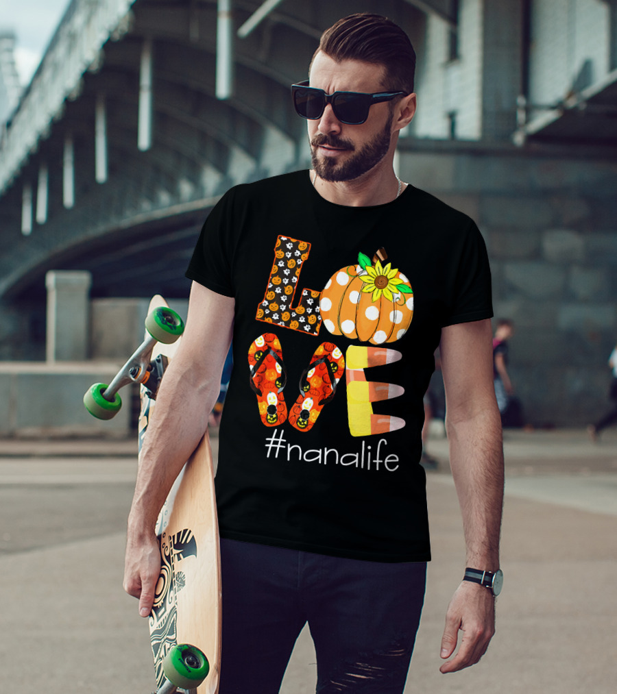 Nanalife Funny Love Pumpkin Flip Flops Halloween Candy Corn And Sunflower T-Shirt