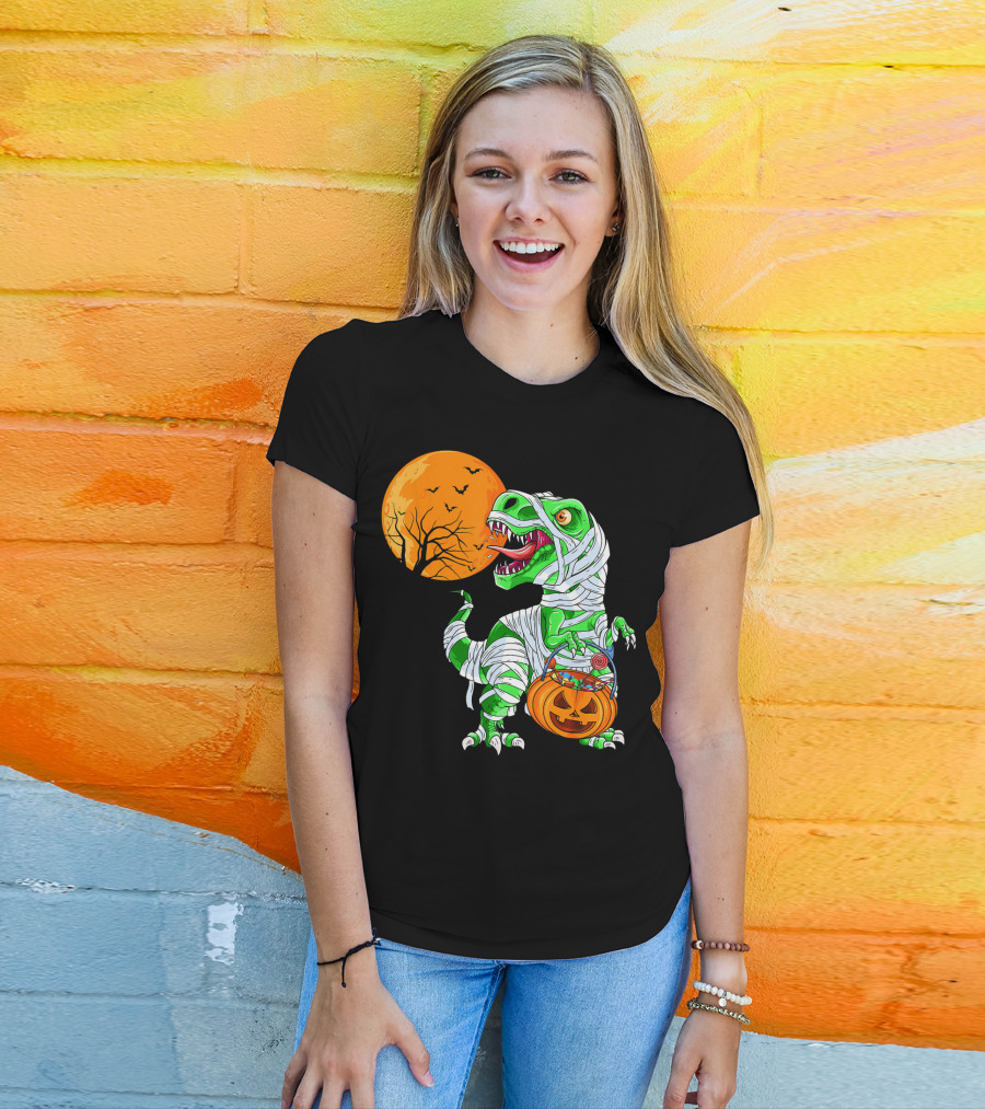 Halloween Mummy T Rex With Pumpkin Candy Under Full Moon T-Shirt