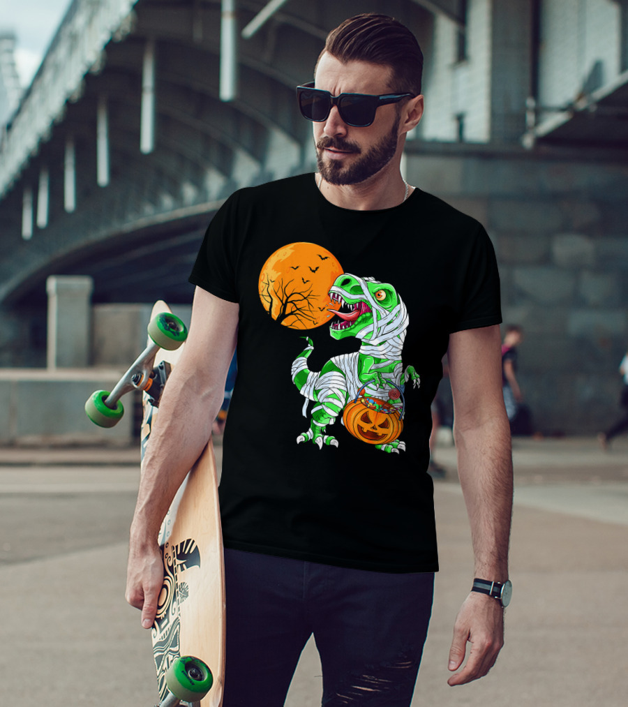 Halloween Mummy T Rex With Pumpkin Candy Under Full Moon T-Shirt