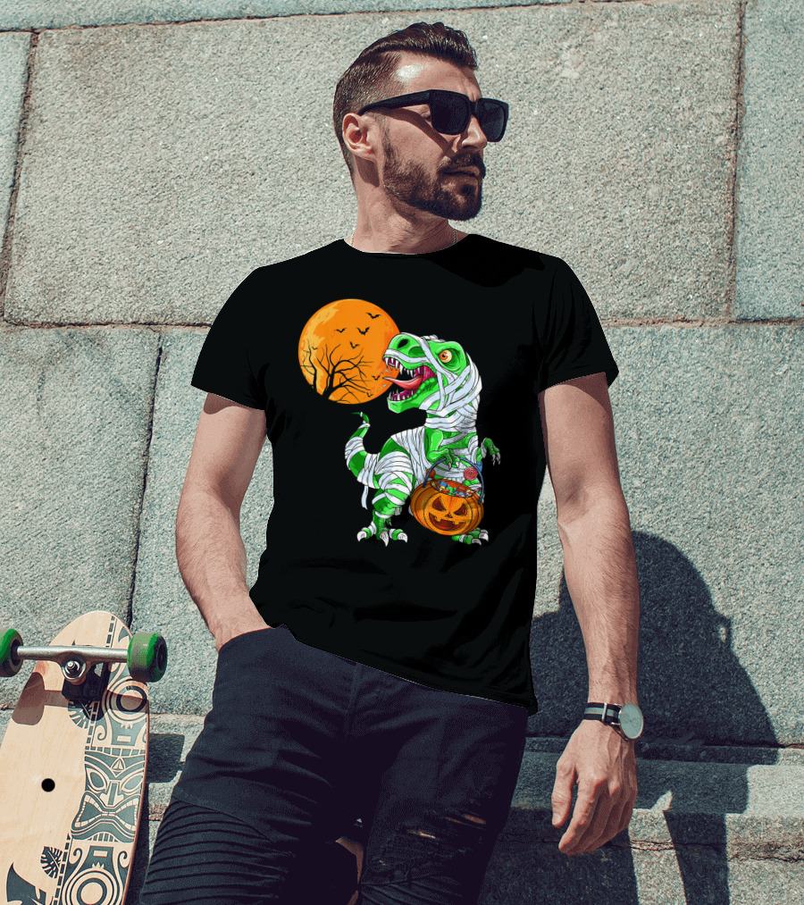 Halloween Mummy T Rex With Pumpkin Candy Under Full Moon T-Shirt