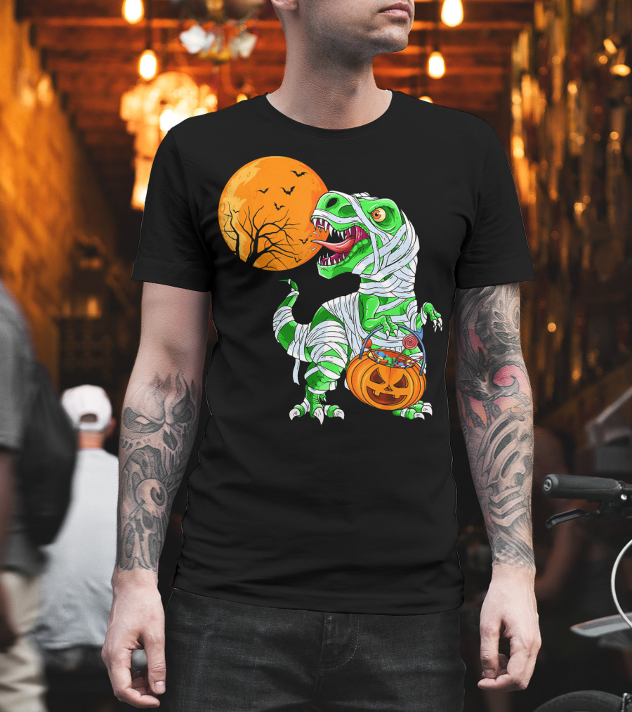 Halloween Mummy T Rex with Pumpkin Candy under Full Moon T-Shirt