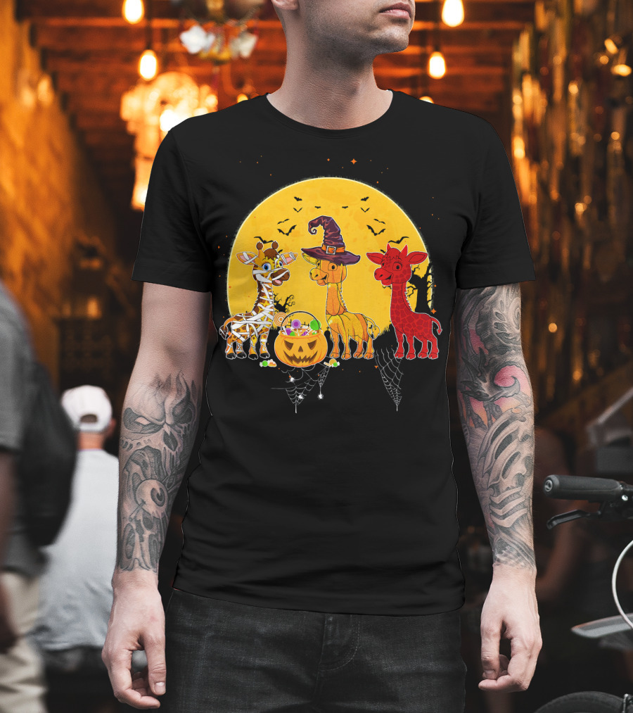 Three Giraffes Halloween Moon Mummy Witch Devil T-Shirt