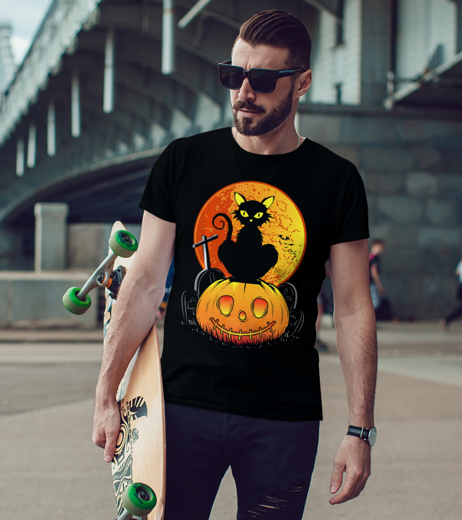Halloween Black Cat On Pumpkin With Full Moon And Graveyard T-Shirt