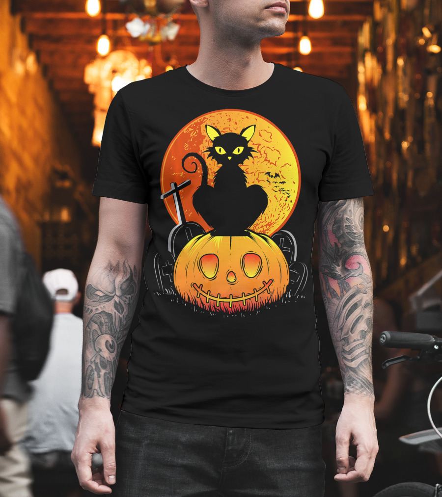Halloween Black Cat on Pumpkin with Full Moon and Graveyard T-Shirt