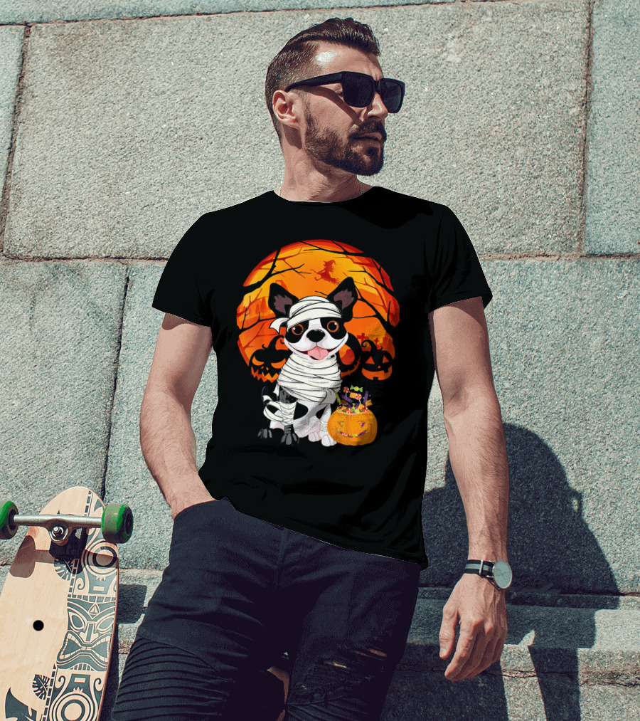 Halloween Kids Boston Terrier Mummy With Pumpkin And Witch T-Shirt