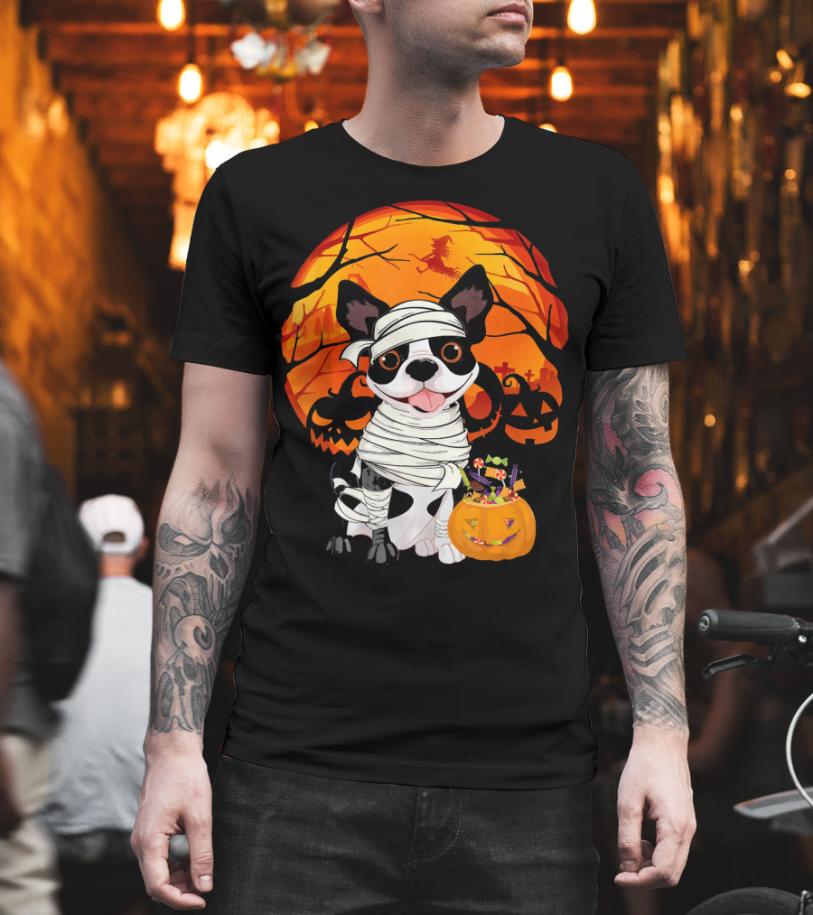 Halloween Kids Boston Terrier Mummy With Pumpkin And Witch T-Shirt