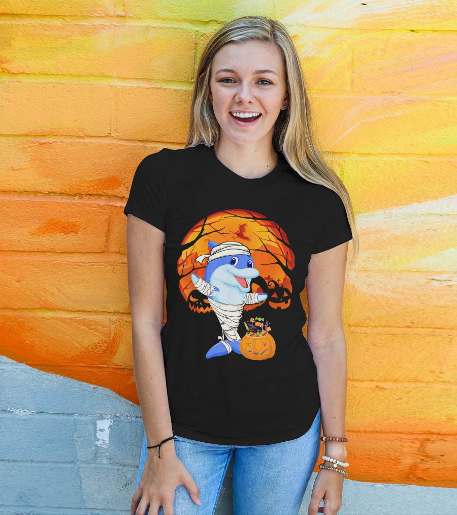 Halloween Dolphin Mummy With Candy Pumpkin And Witch Full Moon T-Shirt