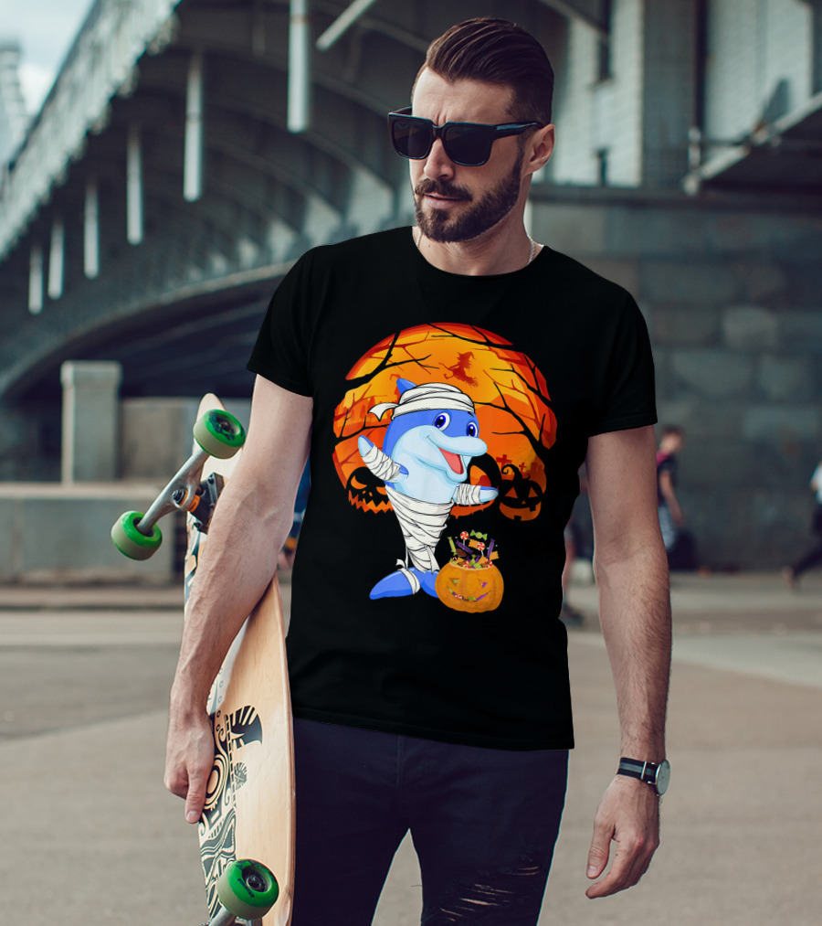 Halloween Dolphin Mummy With Candy Pumpkin And Witch Full Moon T-Shirt