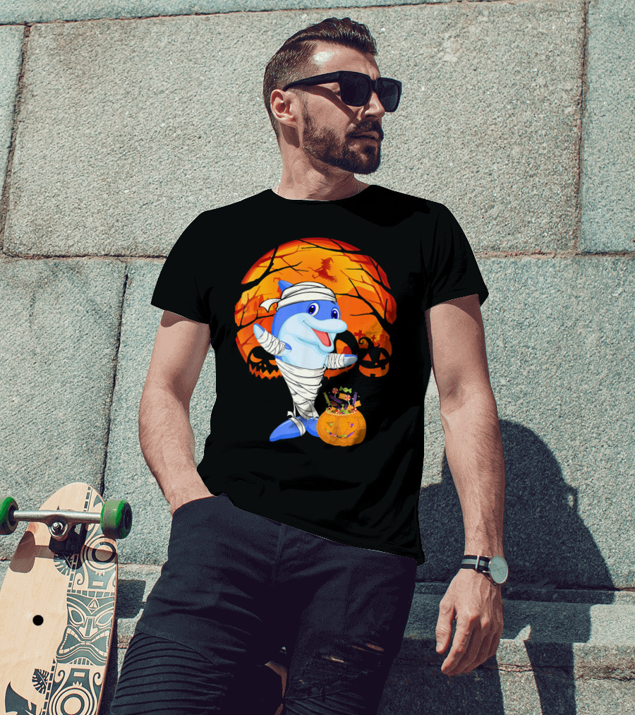 Halloween Dolphin Mummy With Candy Pumpkin And Witch Full Moon T-Shirt
