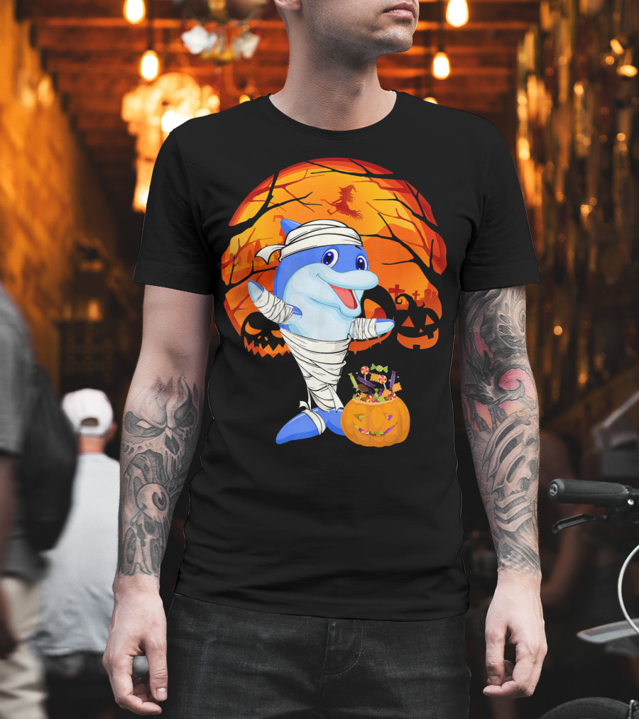Halloween Dolphin Mummy with Candy Pumpkin and Witch Full Moon T-Shirt