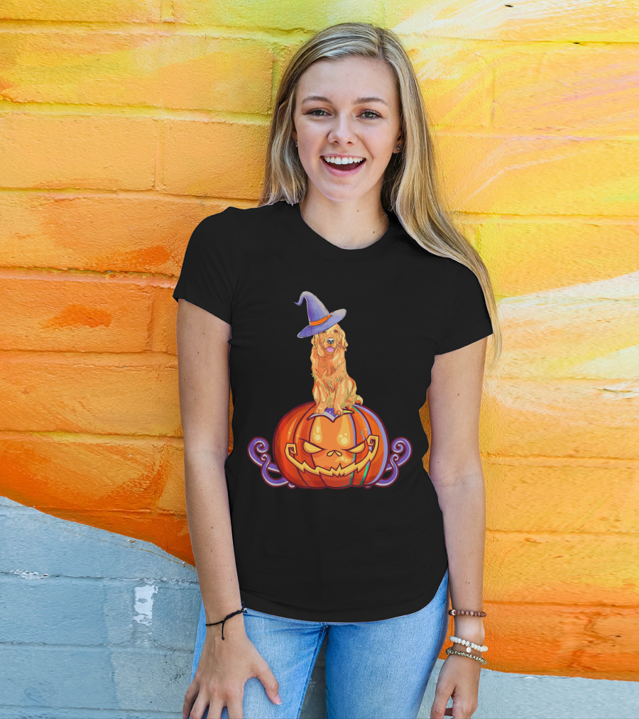 Golden Retriever Halloween Pumpkin Witch Hat T-Shirt