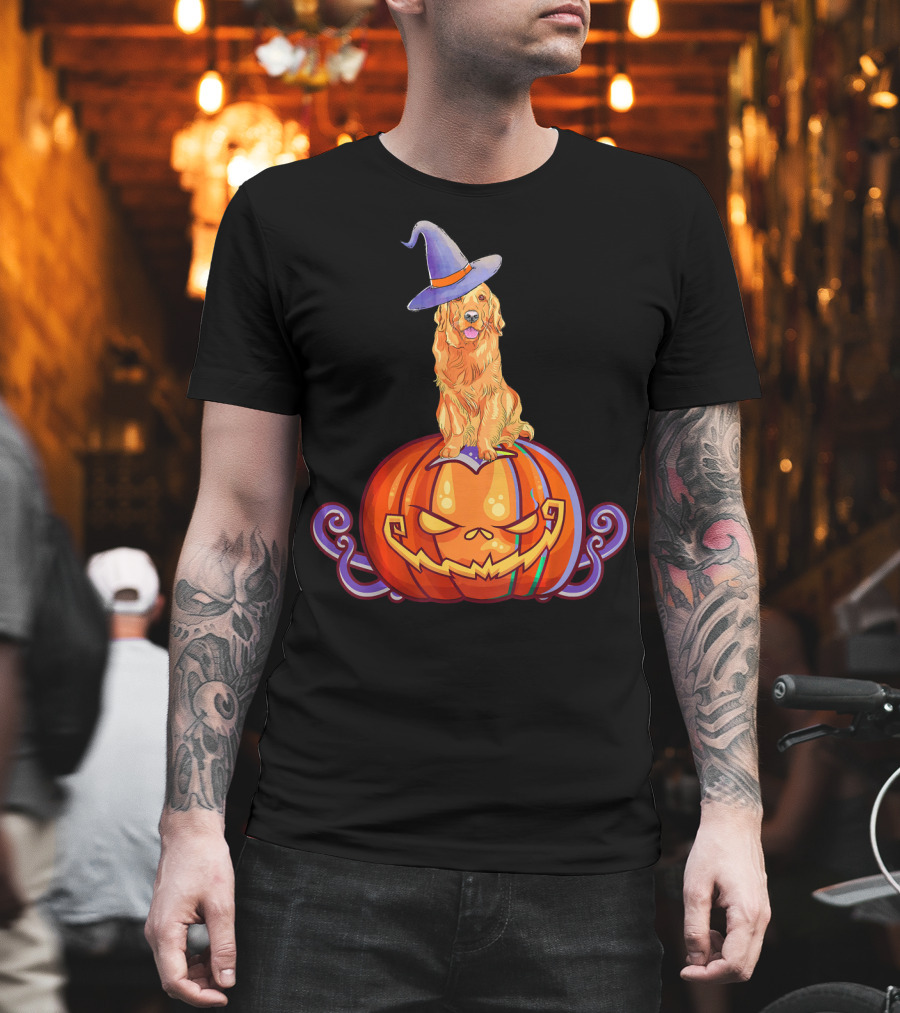 Golden Retriever Halloween Pumpkin Witch Hat T-Shirt