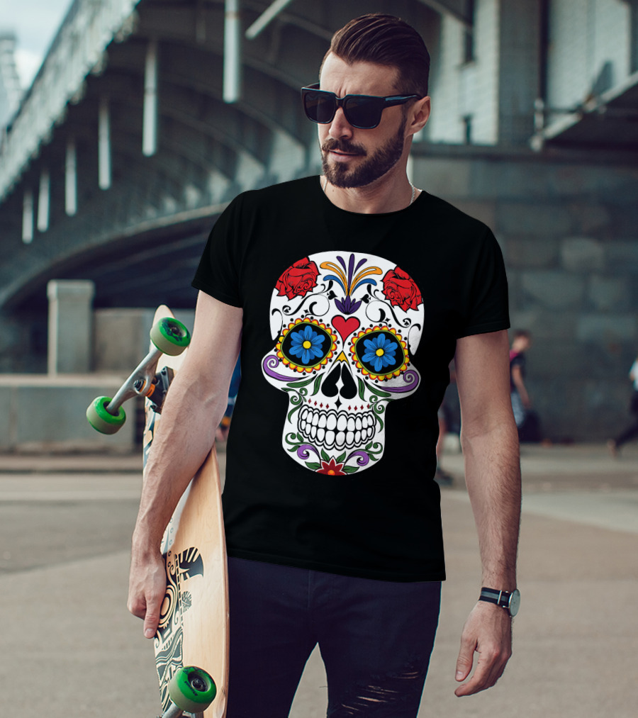 Day Of Dead Sugar Skull With Roses And Flowers T-Shirt