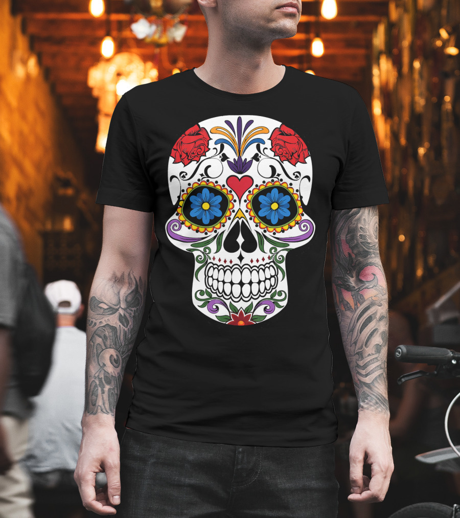 Day of Dead Sugar Skull with Roses and Flowers T-Shirt