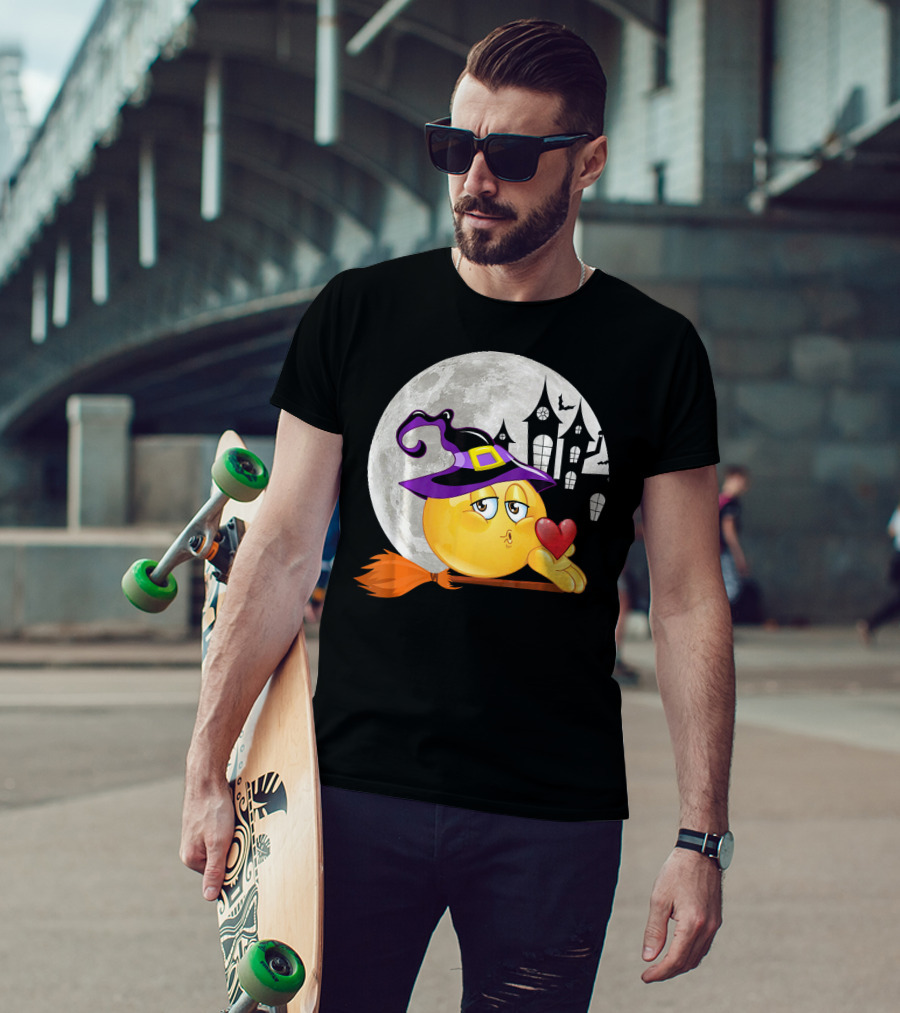Kissing Face Emoji Witch Hat Broomstick With Heart In Front Of Spooky House And Full Moon T-Shirt