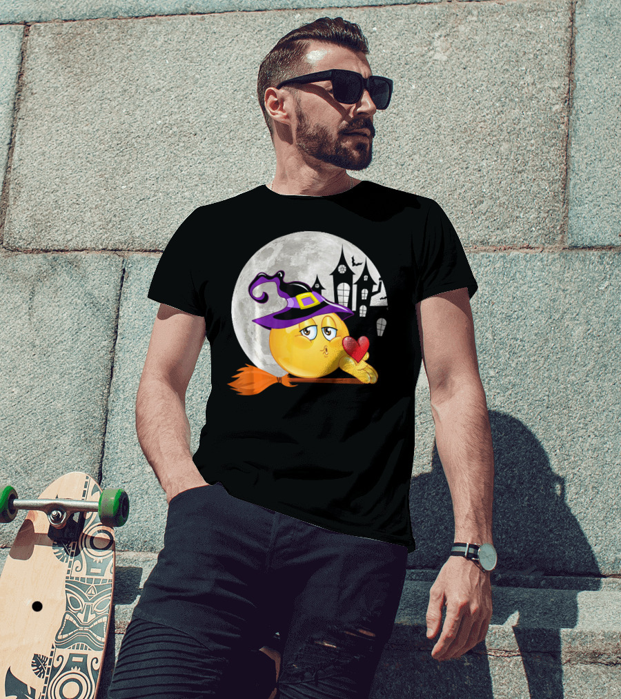 Kissing Face Emoji Witch Hat Broomstick With Heart In Front Of Spooky House And Full Moon T-Shirt