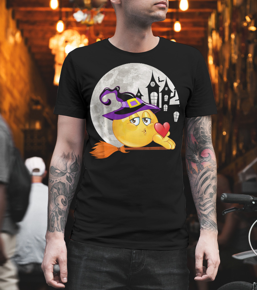 Kissing Face Emoji Witch Hat Broomstick With Heart In Front Of Spooky House And Full Moon T-Shirt