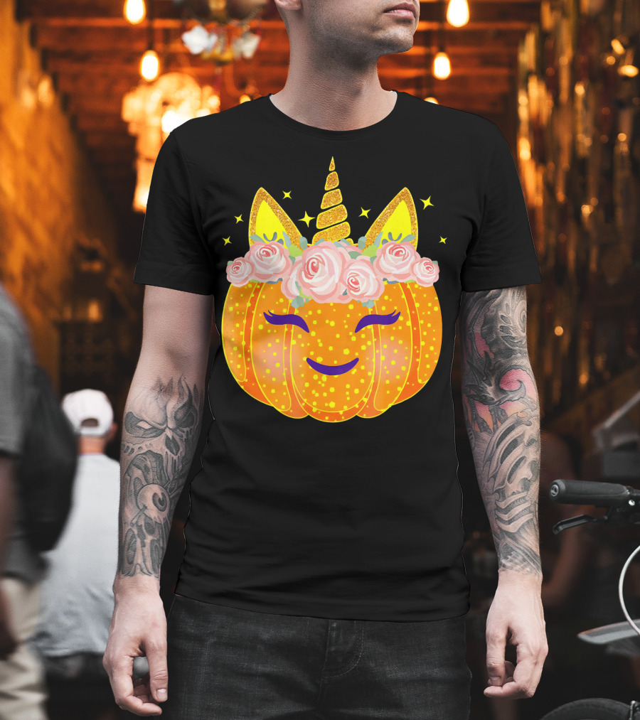 Smiling Unicorn Pumpkin with Flowers and Stars T-Shirt