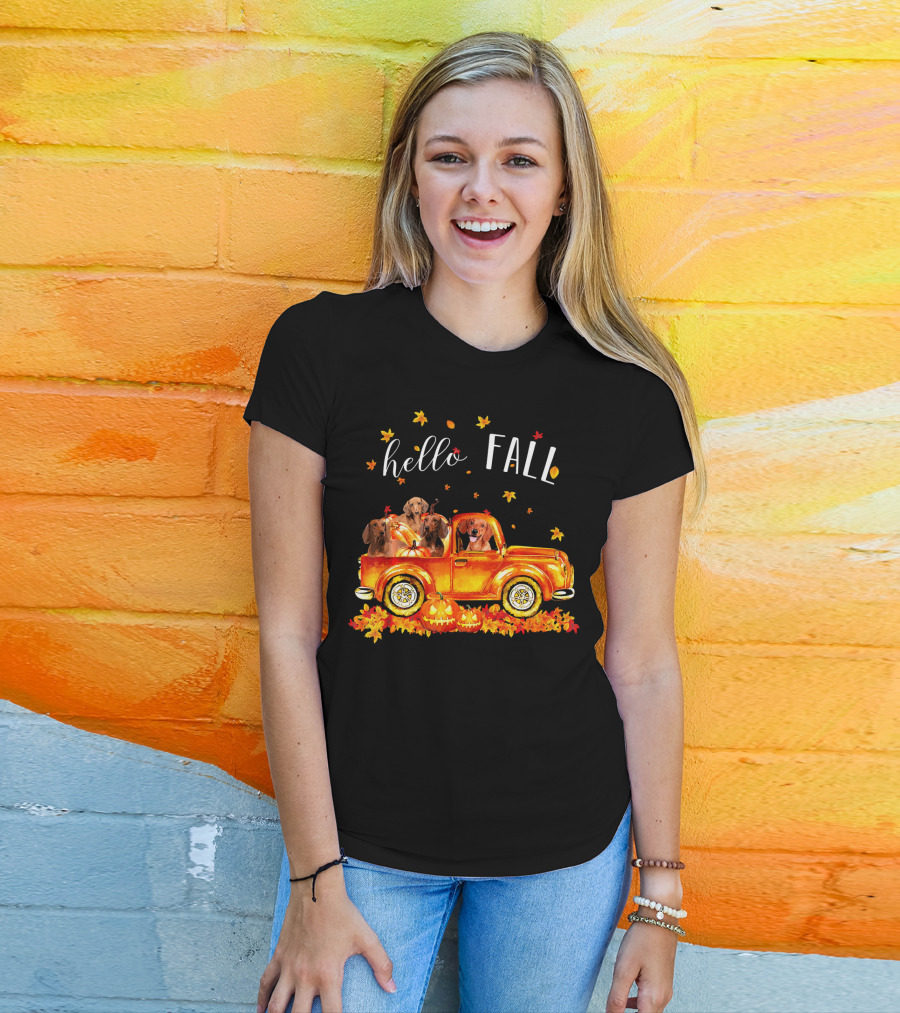Hello Fall Dachshund Pumpkins Leaves Truck T-Shirt