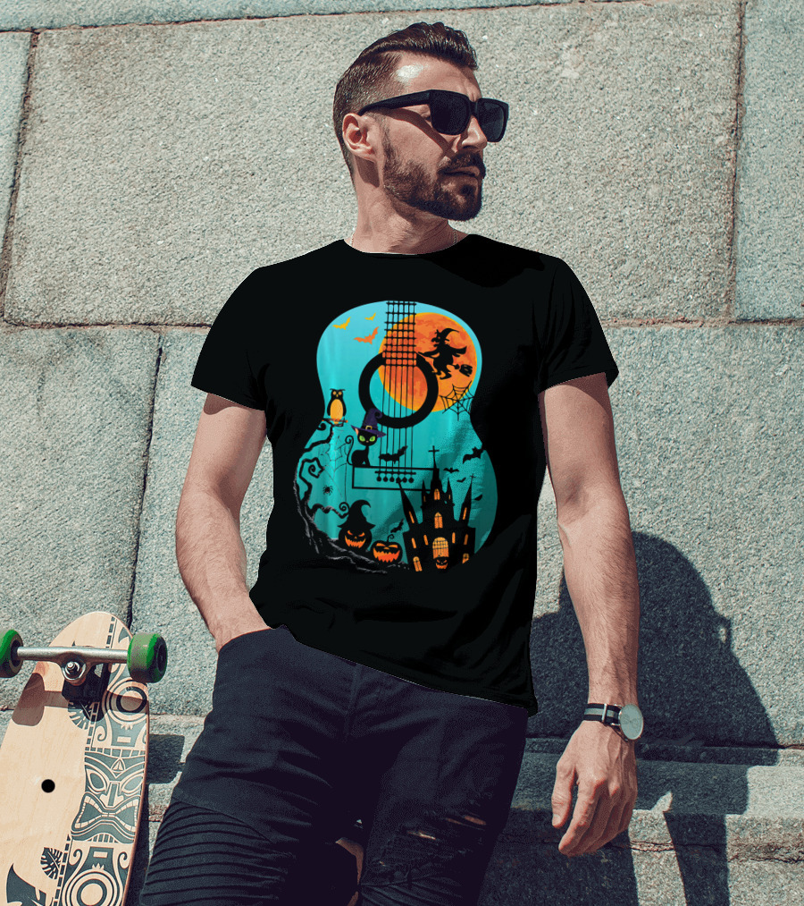 Guitar Lover Scary Halloween Pumpkin Music Witch Castle Cat Owl Bats Moon T-Shirt