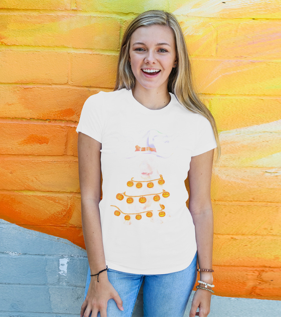 Pitbull Wrapped In Pumpkin Lights With Witch Hat And Bats Halloween T-Shirt