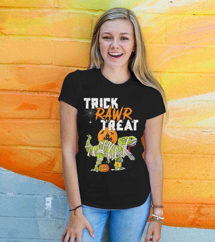 Trick Rawr Treat Dinosaur Mummy Halloween Rex Jack-O'-Lantern T-Shirt